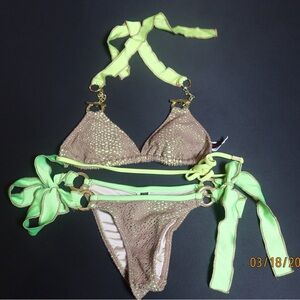 Syrup Bikini Set Small Green Brown Crochet Gold Chain Tie Side Boho